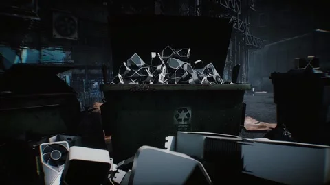 Multiple GPU graphics cards discarded in a garbage bin, symbolizing wasted money Stock Footage 347319308