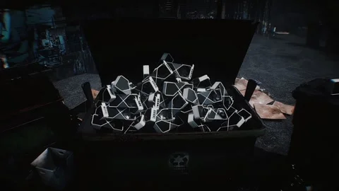 Multiple GPU graphics cards discarded in a garbage bin, symbolizing wasted money Stock Footage 347319335