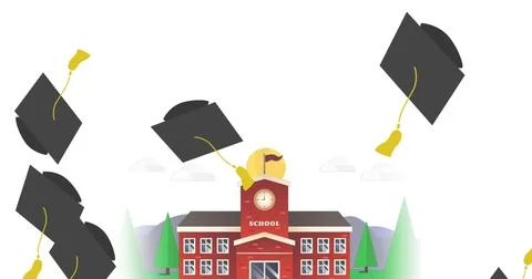 Multiple graduation hats falling over school building icon against white Ilustração Stock