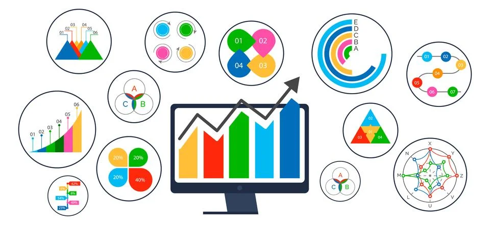 Multiple graphical elements and charts representing data and business analyti Stock Illustration