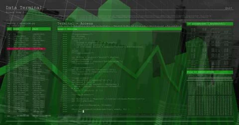 Multiple graphs moving over data processing against tall buildings in background Stock Illustration