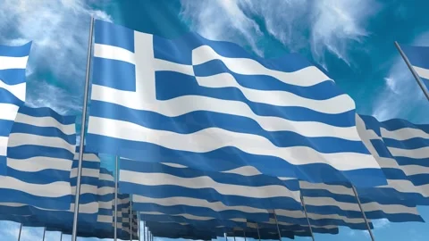 Multiple Greece flags seamless looping waving on blue sky Stock Footage 343680862