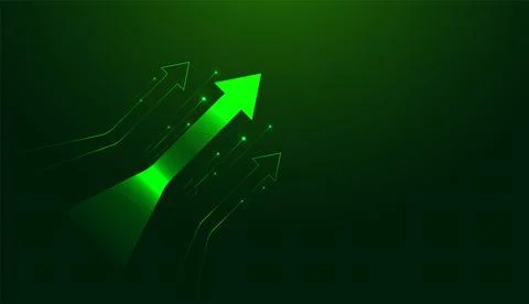 Multiple green Arrows rise with smooth flowing lines on a high-tech backgro.. Stock Illustration