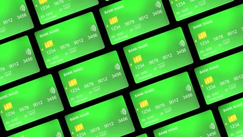 Multiple green bank cards with a chip moving animation from top view Stock Footage 227680905