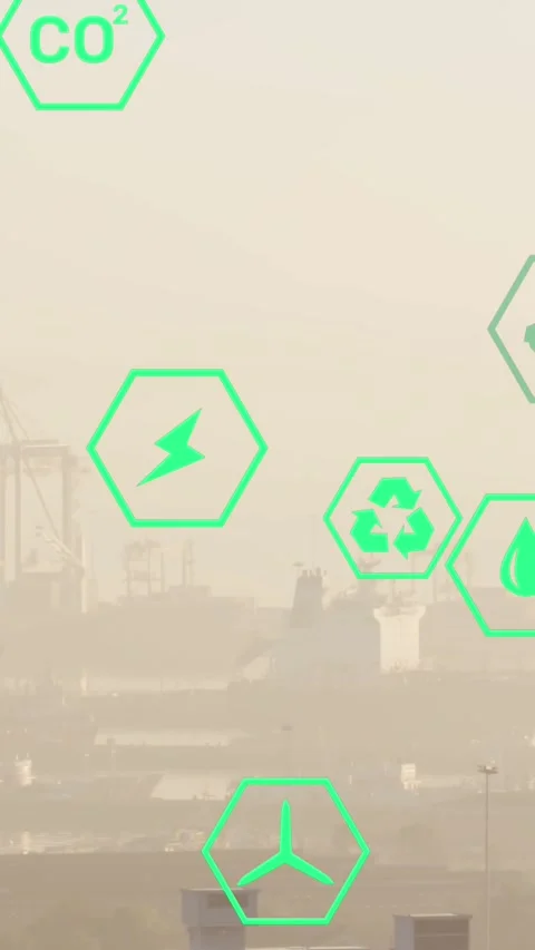 Multiple green energy icons floating against aerial view of cityscape Stock Footage 342097985