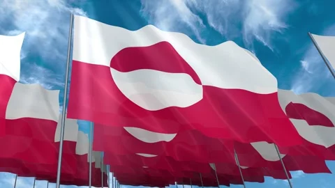 Multiple Greenland flags seamless looping waving on blue sky Stock Footage 343680934