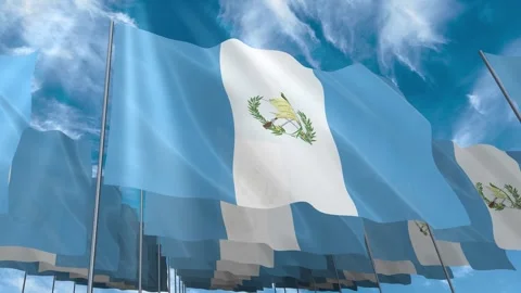 Multiple Guatemala flags seamless looping waving on blue sky Stock Footage 343681026