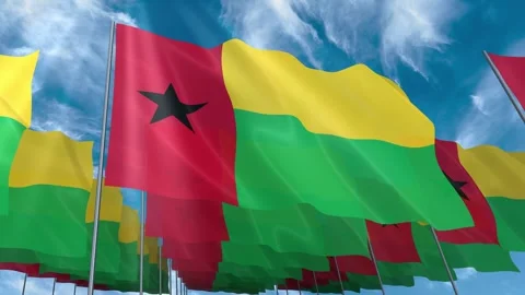 Multiple Guinea Bissau flags seamless looping waving on blue sky Stock Footage 343681137