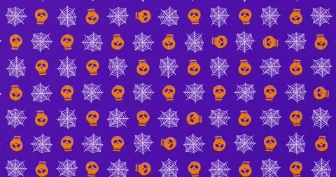 Multiple halloween skull and spider web icons in seamless pattern against blue Stock Footage 330782068