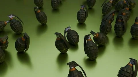 Multiple hand grenades scattered on smooth green background, dramatic studi.. Stock Illustration