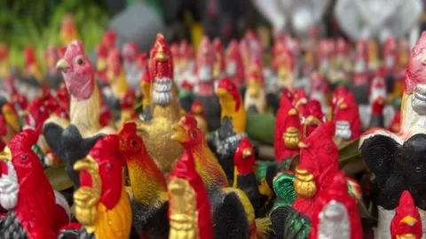 Multiple handcrafted chicken sculptures with varied textures Stock Footage 314098431