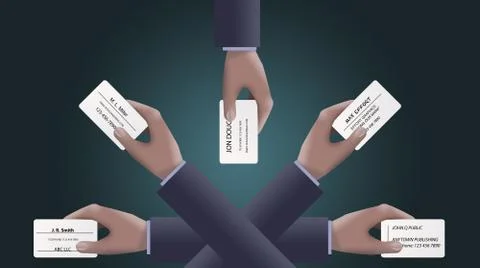 Multiple hands  exchange business cards. This illustrates how business cards Stock Illustration