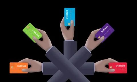 Multiple hands hold credit cards to represent comparing and choosing the righ Stock Illustration
