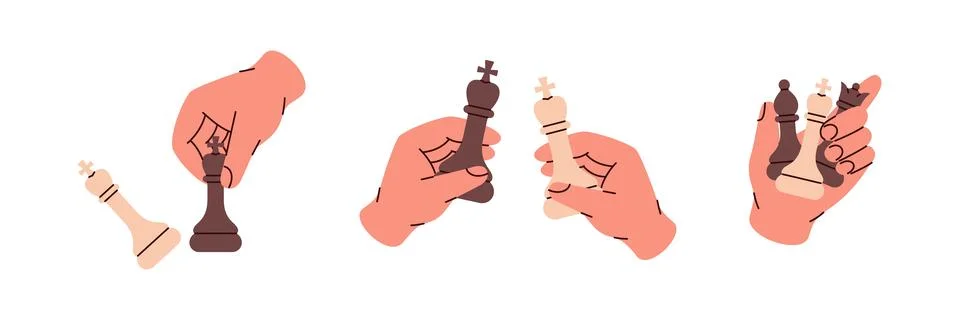 Multiple hands holding different chess kings in various positions representing Stock Illustration