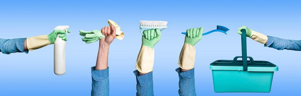 Multiple hands holding different tools for housekeeping banner. Spring clea.. Stock Photos