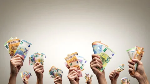 Multiple hands holding up Euro banknotes Video stock 302254917