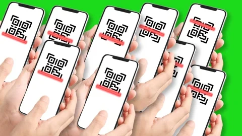 Multiple Hands Holding Mobile Phones Displaying QR Codes for Scanning on Gr.. Stock Footage 341401820
