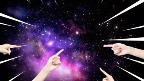 Multiple Hands Pointing at Cosmic Galaxy Center, Universe Discovery Concept Stock Footage 343519375