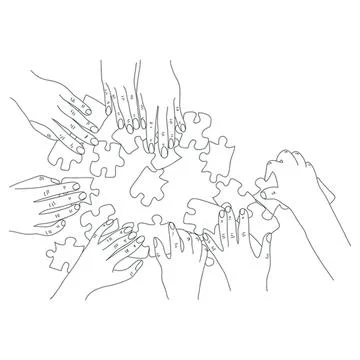 Multiple hands reaching for puzzle pieces in teamwork Stock Illustration