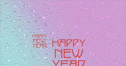 Multiple happy new year text banners against wave patterns on gradient Video stock 220409766