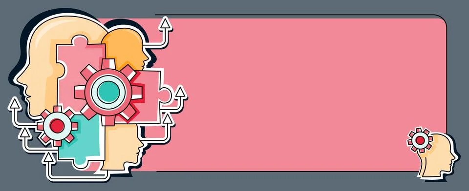 Multiple Heads With Cogs Showing Technology Ideas. Gears In Brain Symbols Design Stock Illustration