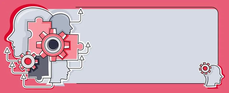 Multiple Heads With Cogs Showing Technology Ideas. Gears In Brain Symbols Design Stock Illustration