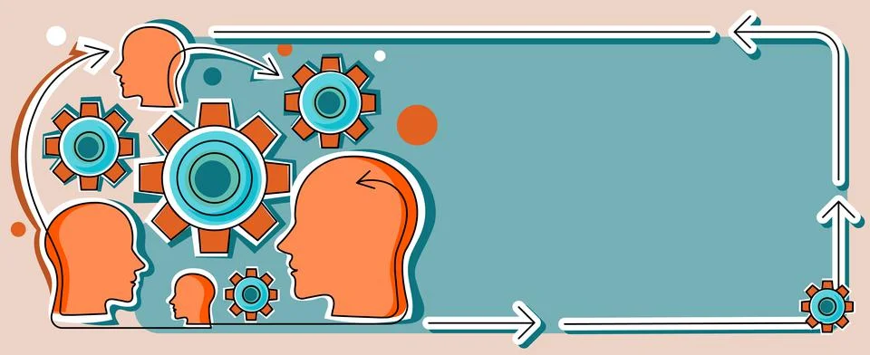 Multiple Heads With Cogs Showing Technology Ideas. Gears In Brain Symbols Design Stock Illustration