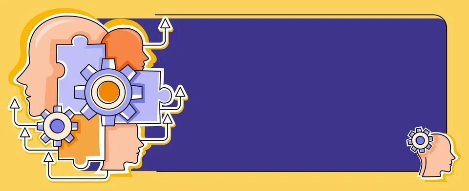 Multiple Heads With Cogs Showing Technology Ideas. Gears In Brain Symbols Design Illustrazione stock