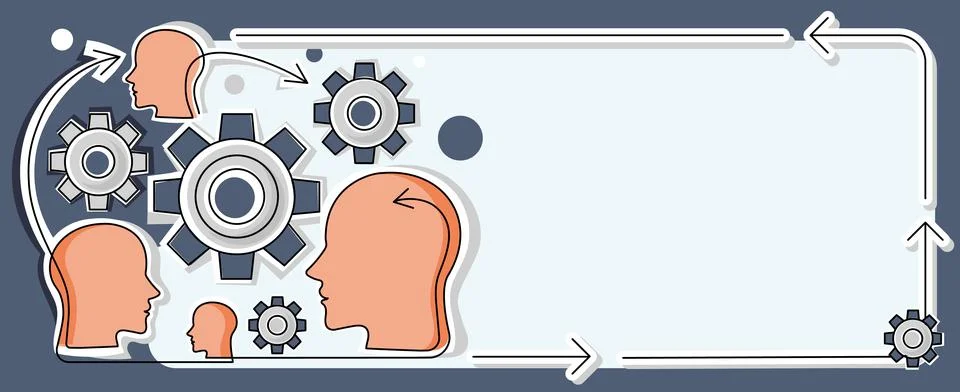 Multiple Heads With Cogs Showing Technology Ideas. Gears In Brain Symbols Design Stock Illustration