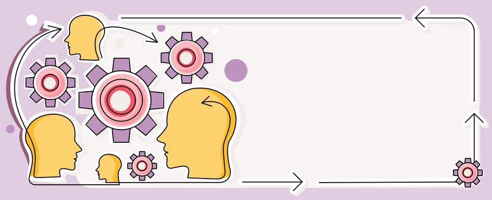 Multiple Heads With Cogs Showing Technology Ideas. Gears In Brain Symbols Design Illustrazione stock