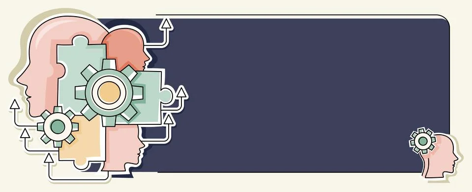 Multiple Heads With Cogs Showing Technology Ideas. Gears In Brain Symbols Design Stock Illustration