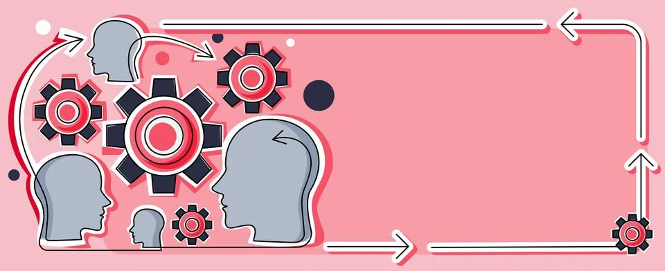 Multiple Heads With Cogs Showing Technology Ideas. Gears In Brain Symbols Design Stock Illustration