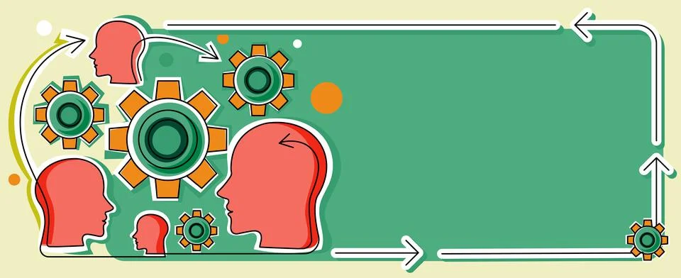 Multiple Heads With Cogs Showing Technology Ideas. Gears In Brain Symbols Design Stock Illustration