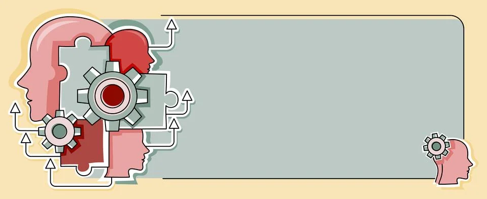 Multiple Heads With Cogs Showing Technology Ideas. Gears In Brain Symbols Design 스톡 일러스트