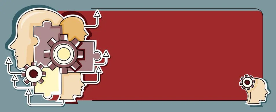 Multiple Heads With Cogs Showing Technology Ideas. Gears In Brain Symbols Design Stock Illustration