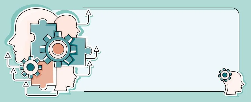 Multiple Heads With Cogs Showing Technology Ideas. Gears In Brain Symbols Design Illustrazione stock