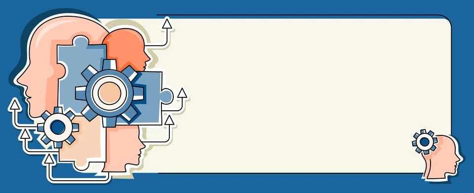Multiple Heads With Cogs Showing Technology Ideas. Gears In Brain Symbols Design Illustrazione stock