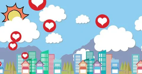 Multiple heart icons floating against cityscape Stock Illustration