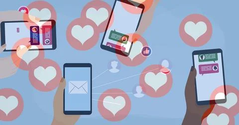 Multiple heart icons floating against hands using smartphones against blue backg Illustrazione stock