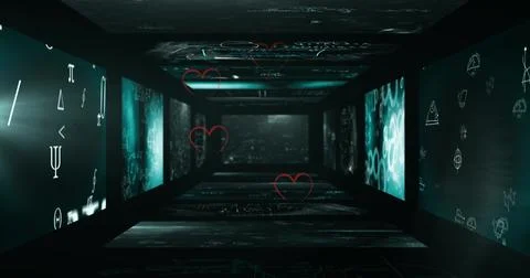 Multiple heart icons floating against multiple screens with data processing Stock Illustration