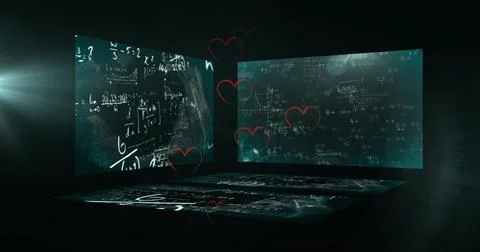 Multiple heart icons floating over multiple screens with data processing against Stock Illustration