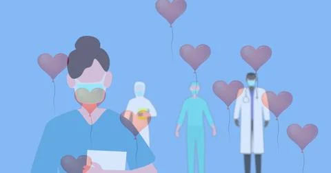 Multiple heart shaped balloons floating against health workers wearing face 스톡 일러스트