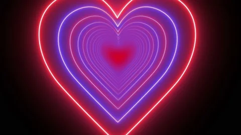 Multiple hearts animation neon lights behind black shape red end camera zoom Stock-Footage 231208224