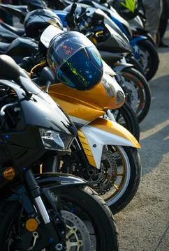 Multiple Heavy Bikes Parked in a Row Stock Photos