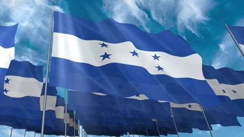 Multiple Honduras flags seamless looping waving on blue sky Stock Footage 343681343
