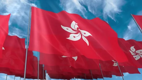 Multiple Hong Kong flags seamless looping waving on blue sky Stock Footage 343681410