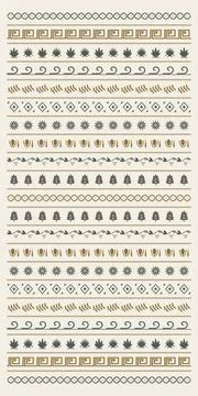 Multiple horizontal rows combine waves, meanders, leaves, flowers, diamonds.. Stock Illustration