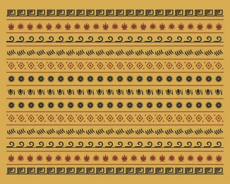 Multiple horizontal rows of stylized leaves, waves, diamonds, and spirals f.. Stock Illustration