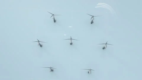 Multiple Huge Active Steel Windmills Are shown. Wind Turbines. Renewable Energy. Stock Footage 147324023