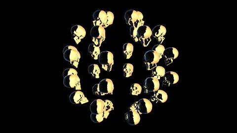 Multiple human skulls facing each other in golden and black colour 3D renderi Ilustração Stock